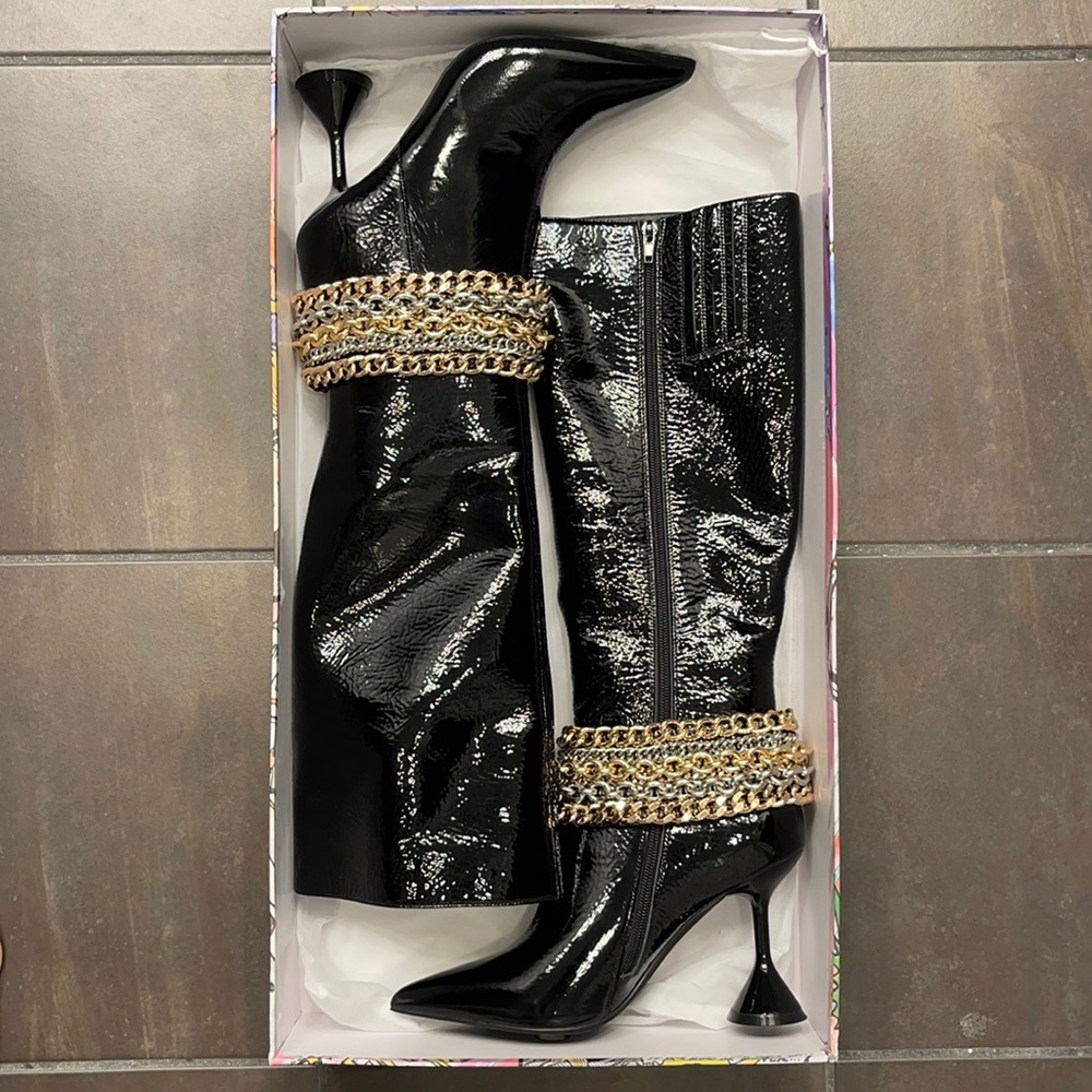 Jeffrey Campbell Tall Black Patent Boots with removable chains - 7.5